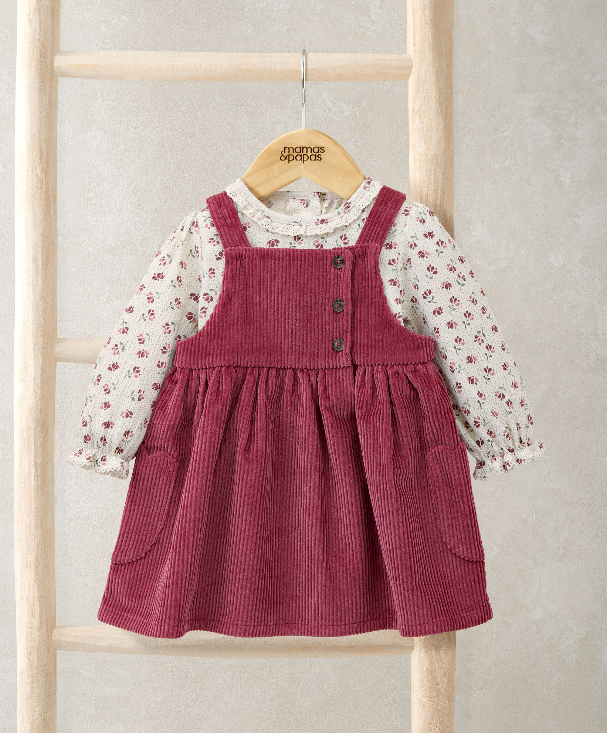 طقم فستان بتصميم مريلة قطن مخملي مضلع وبودي سوت بنقشة زهور، 2 قطع