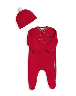 طقم لباس الكل في واحد بعبارة My First Christmas وقبعة - أحمر