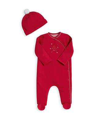 طقم لباس الكل في واحد بعبارة My First Christmas وقبعة - أحمر