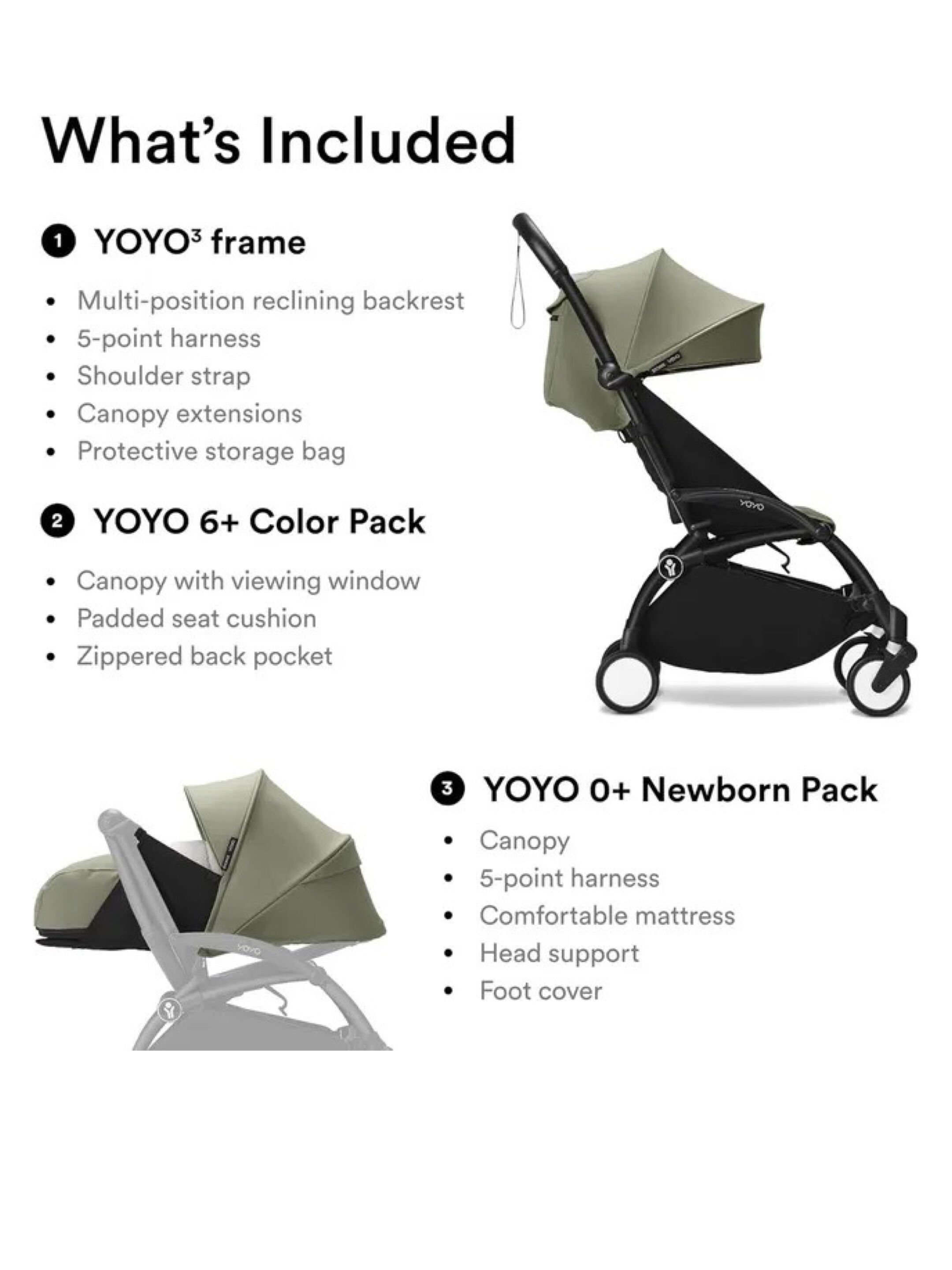 Stokke YOYO3 Full Stroller with White Frame, 0+ Newborn and 6+ Color Pack - Olive (3 pieces) image number 2