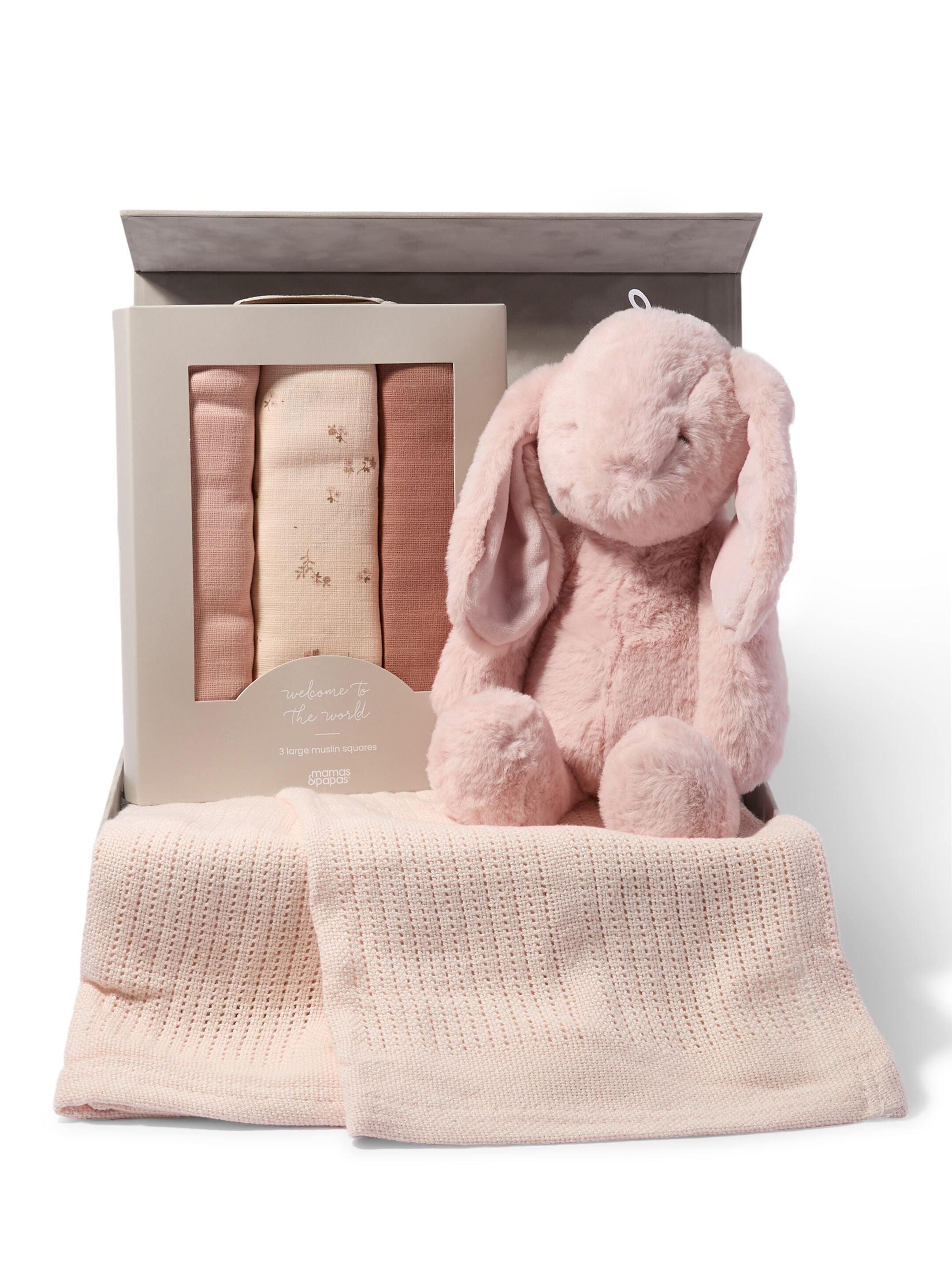 Snuggle Gift Set - Pink Cellular Blanket with Pink Bunny Soft Toy & Wildflower Muslin Squares image number 1