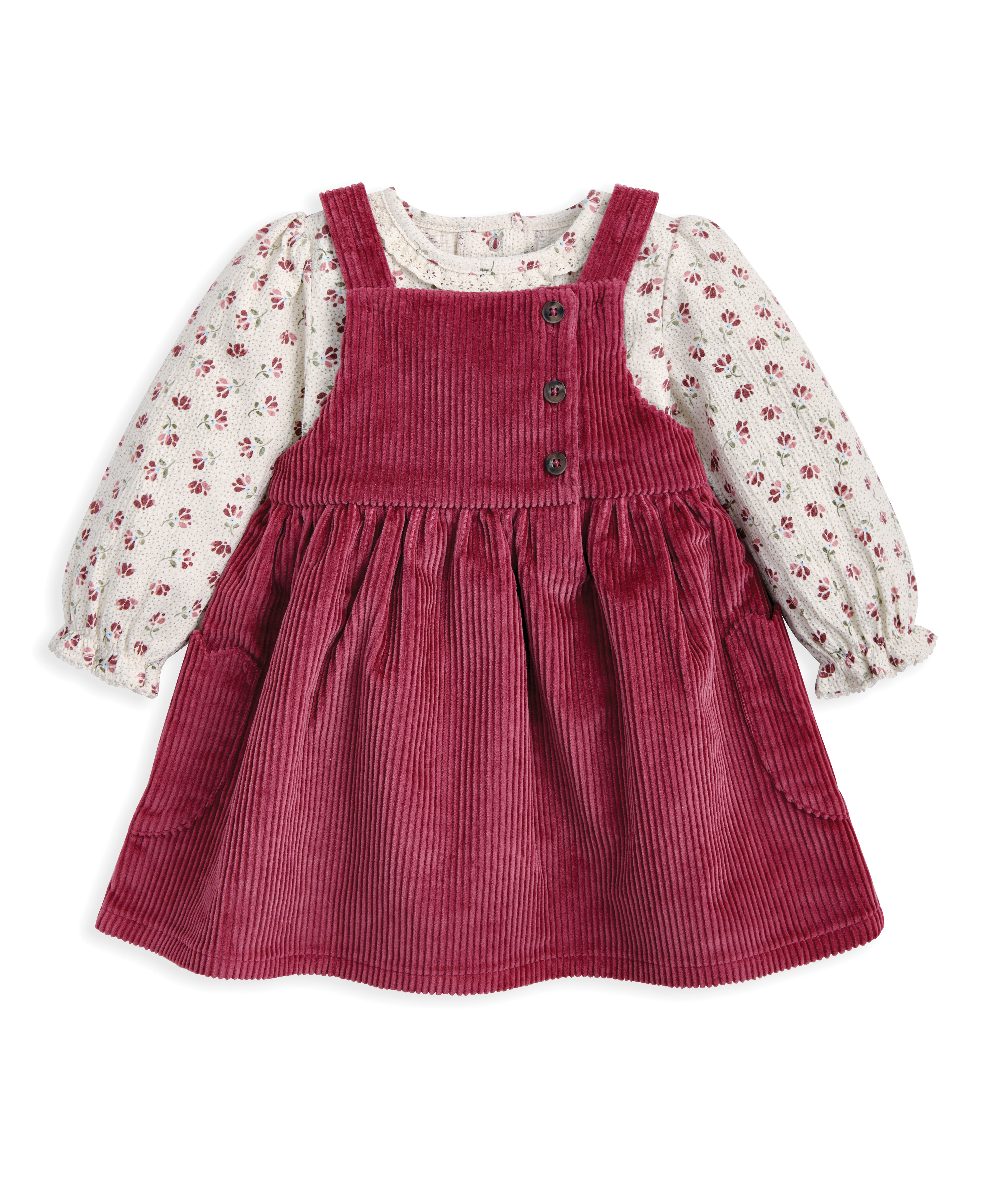 طقم فستان بتصميم مريلة قطن مخملي مضلع وبودي سوت بنقشة زهور، 2 قطع image number 2