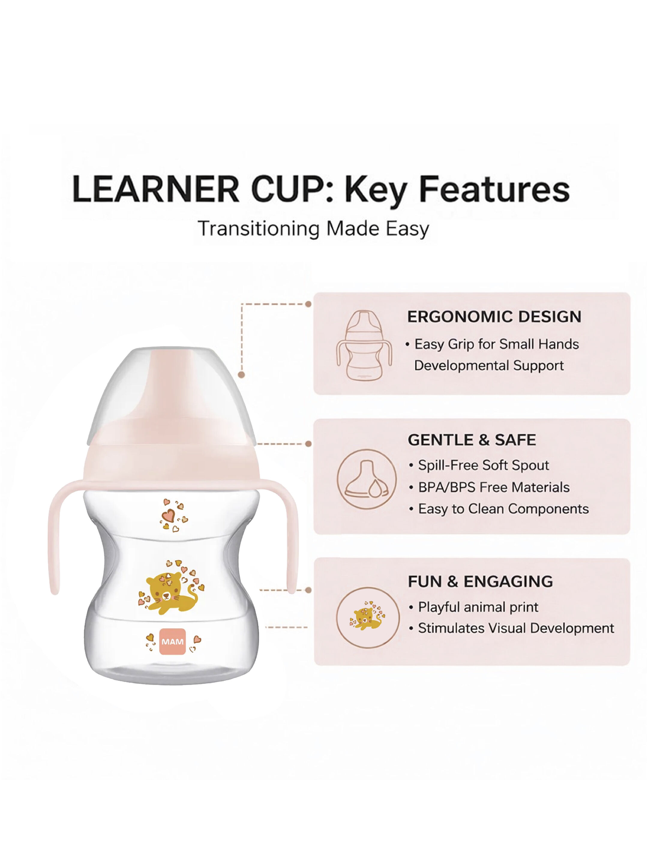 كوب مام بيبي لتعليم الشرب للأطفال سيليكون - 6 أشهر فما فوق | بطبعة حيوانات برية، وردي - 190 مل - عبوة من قطعة واحدة image number 2