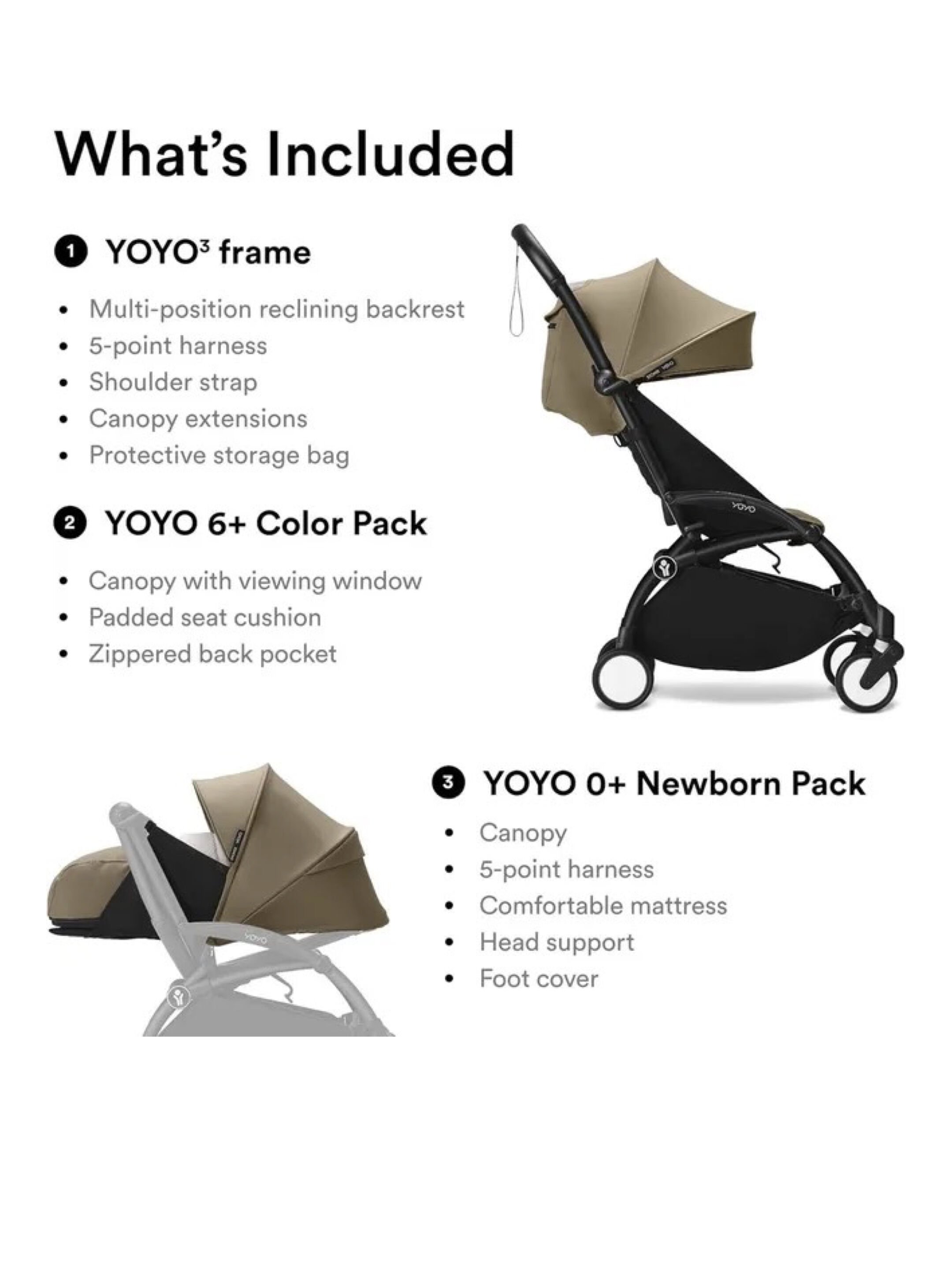 Stokke YOYO3 Full Stroller with White Frame, 0+ Newborn and 6+ Color Pack - Toffee (3 pieces) image number 2