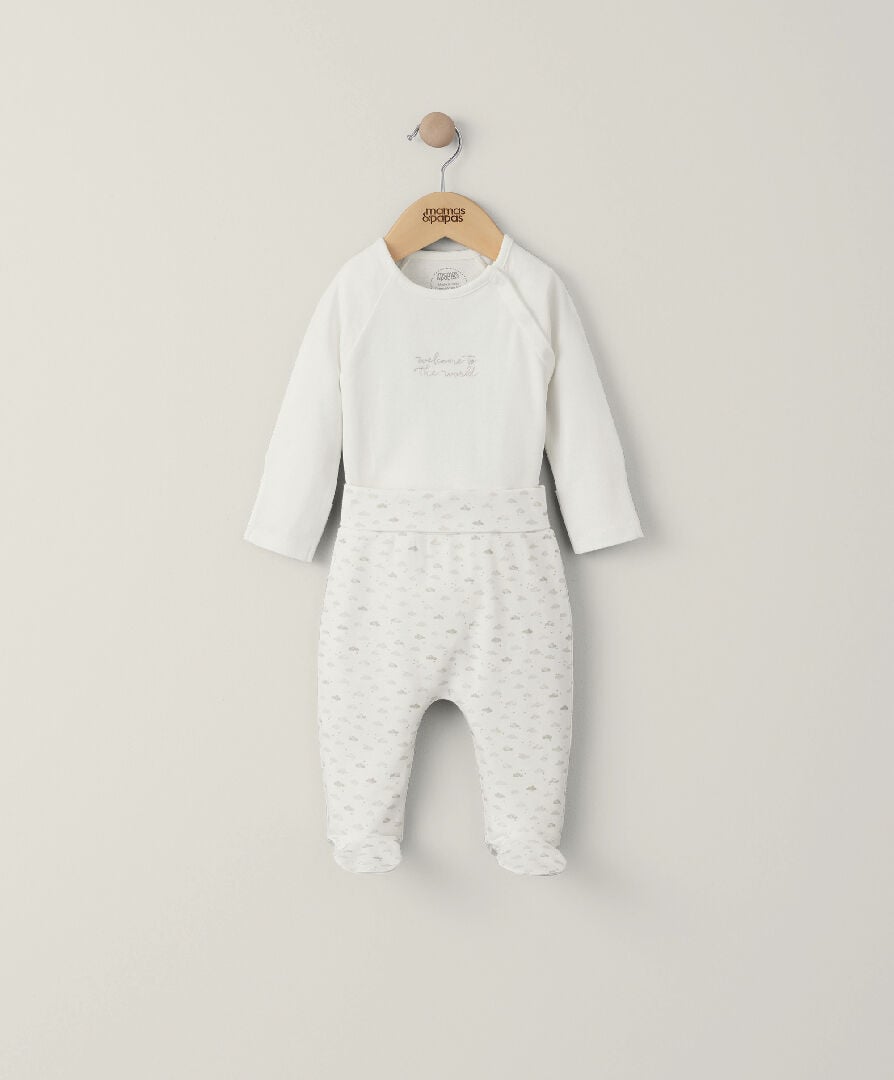 طقم لباس قطعة واحدة بتطريز ويلكم تو ذا وورلد ولغينغز بنقشة سحب - قطعتان